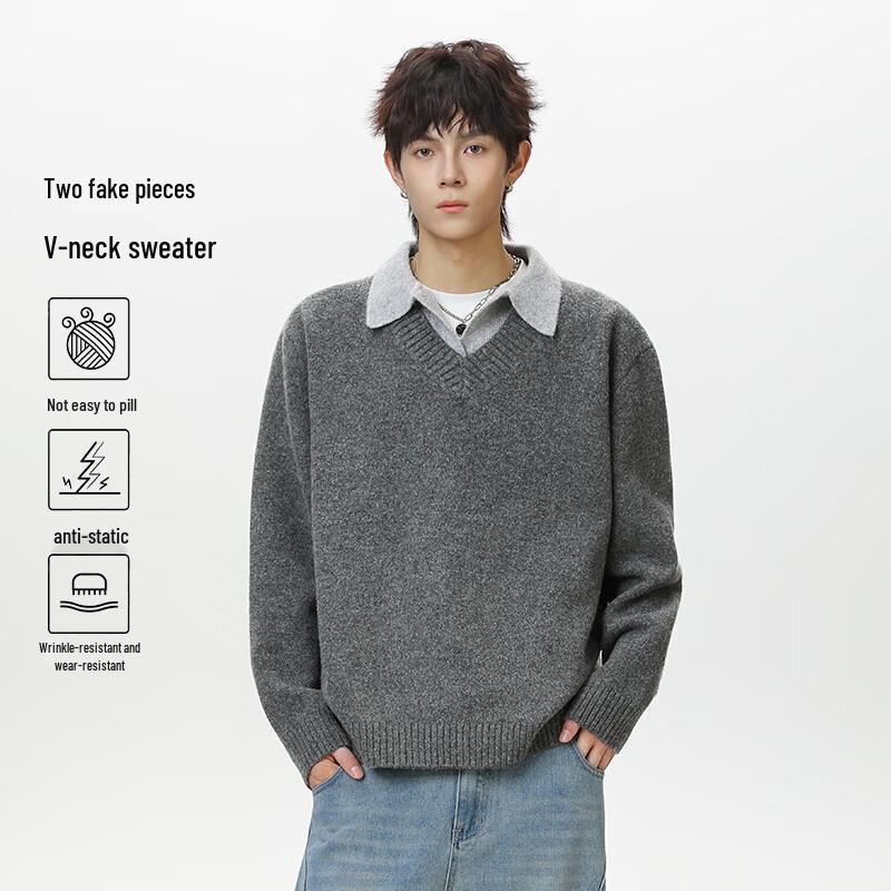 VUUG Men's Vintage Fake Two-Piece Lapel V-Neck Knit Sweater