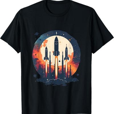 Interstellar Conquest Rocket Silhouette Against Cosmic T-Shirt