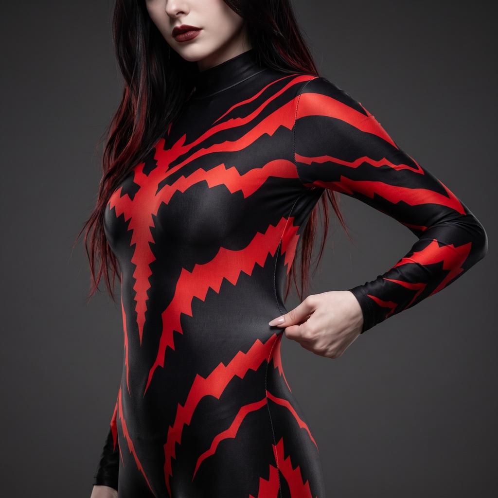 Felnőtt Rémisztő Body Halloween Party Jelmez Fekete Piros Magas Sztreccs Nyomtatott