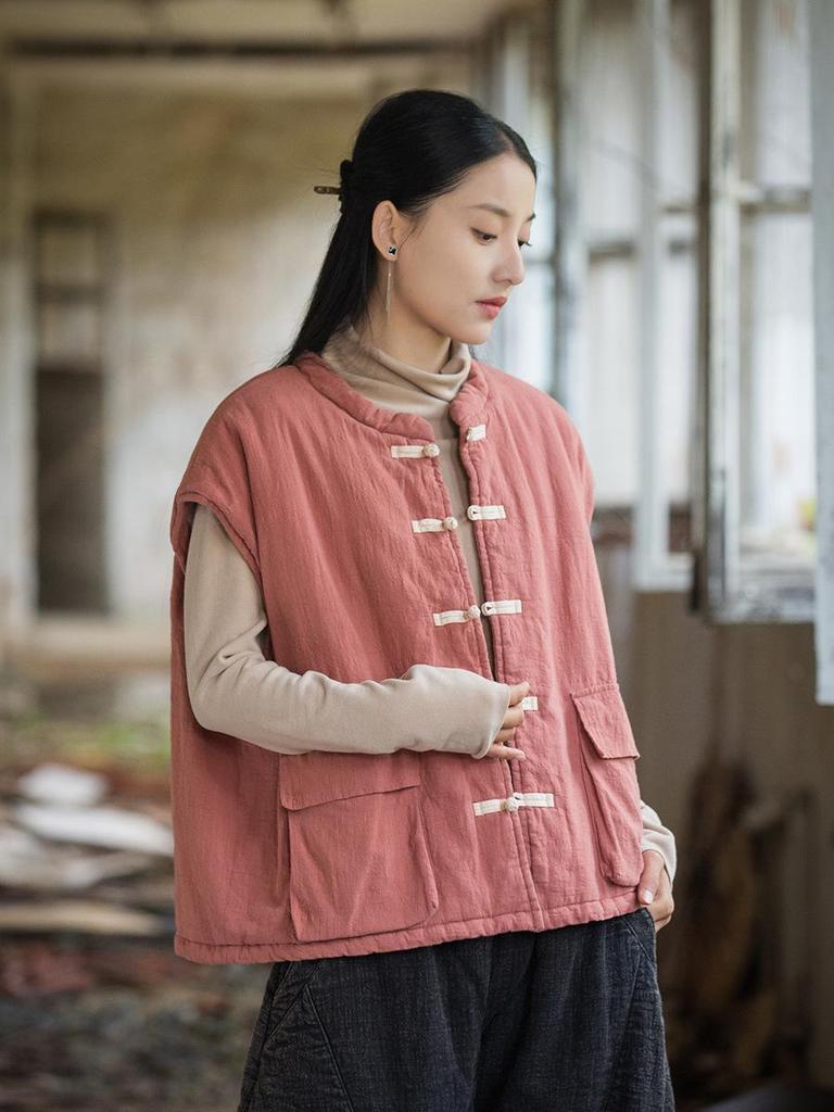 Women's Winter Quilted Cotton Vest with Frog Button - Chinese Style