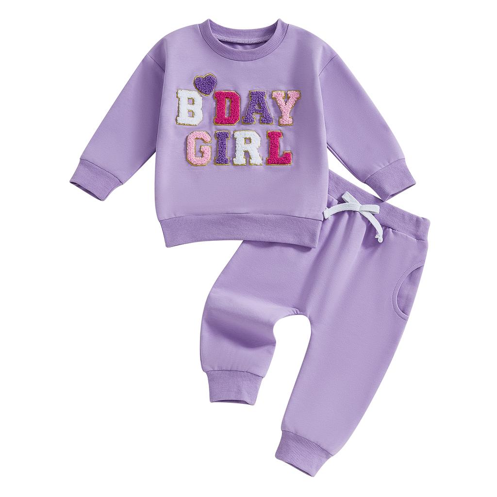 Baby Girl 2Pcs Birthday Outfits Long Sleeve Letter Embroidery Pullover + Pants Set Toddler Fall Clothes