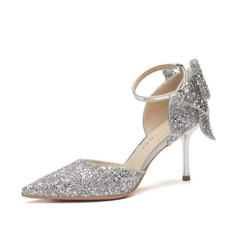 82326 High Heels Damen Stiletto 2025 Frühling Neu Silber Kristall Hochzeitsschuhe Spitz Strass Schleife Einzelne Schuhe
