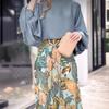 Women's Set Solid Color Lantern Sleeve Loose Top Printed Wide-leg Pants Two-piece Set