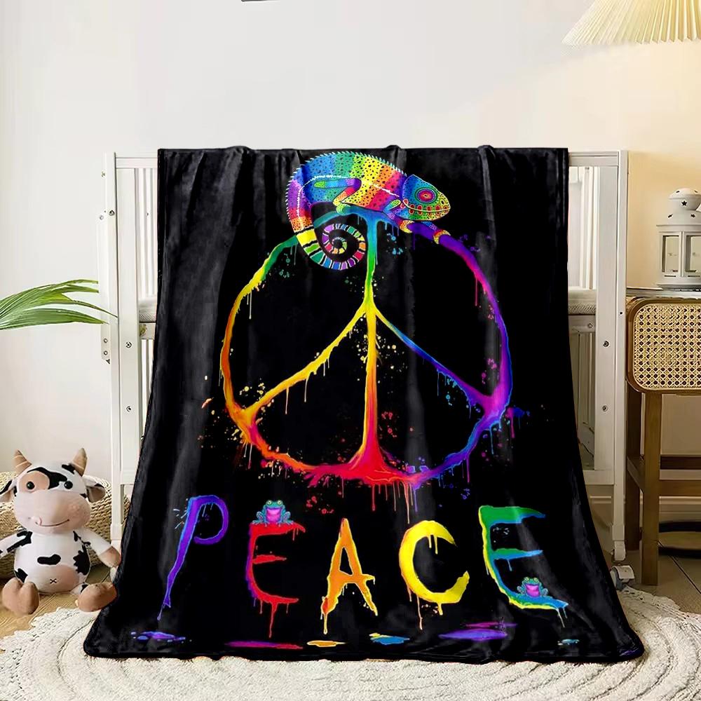 Colorful Chameleon with Peace Symbol Art - Flannel blanket for bedroom, living room, sofa, and nap sofas