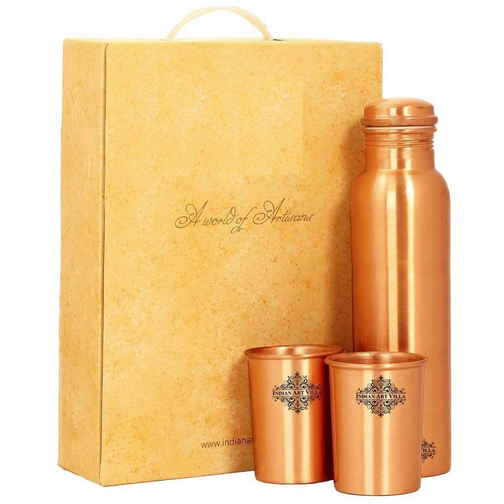 Pure Copper Drinkware Gift Set of Plain Matt Finish Design 1 Bottle & 2 Glass with Gift Box, Gift Item for Diwali, Bottle-1 Litre & Glass-300 Ml