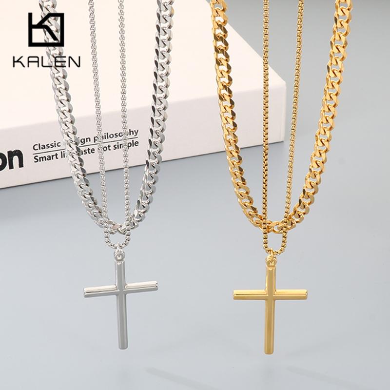 Double-Layer Stainless Steel Cross Pendant Necklaces for Men Metal Chain Religious Design Trendy Jewelry Daily Golden Accessory