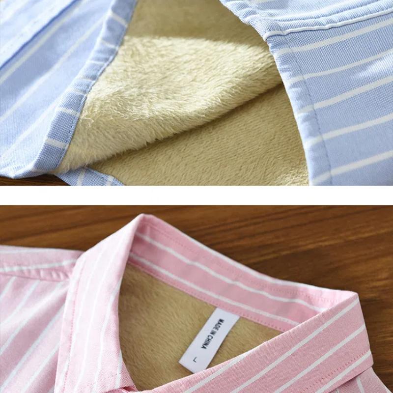 Winter Warm Men Tops Daily Casual Long Sleeve Striped Shirts for Men Pure Cotton Men Clothing Lapel Collar Fleece Shirt with Pocket