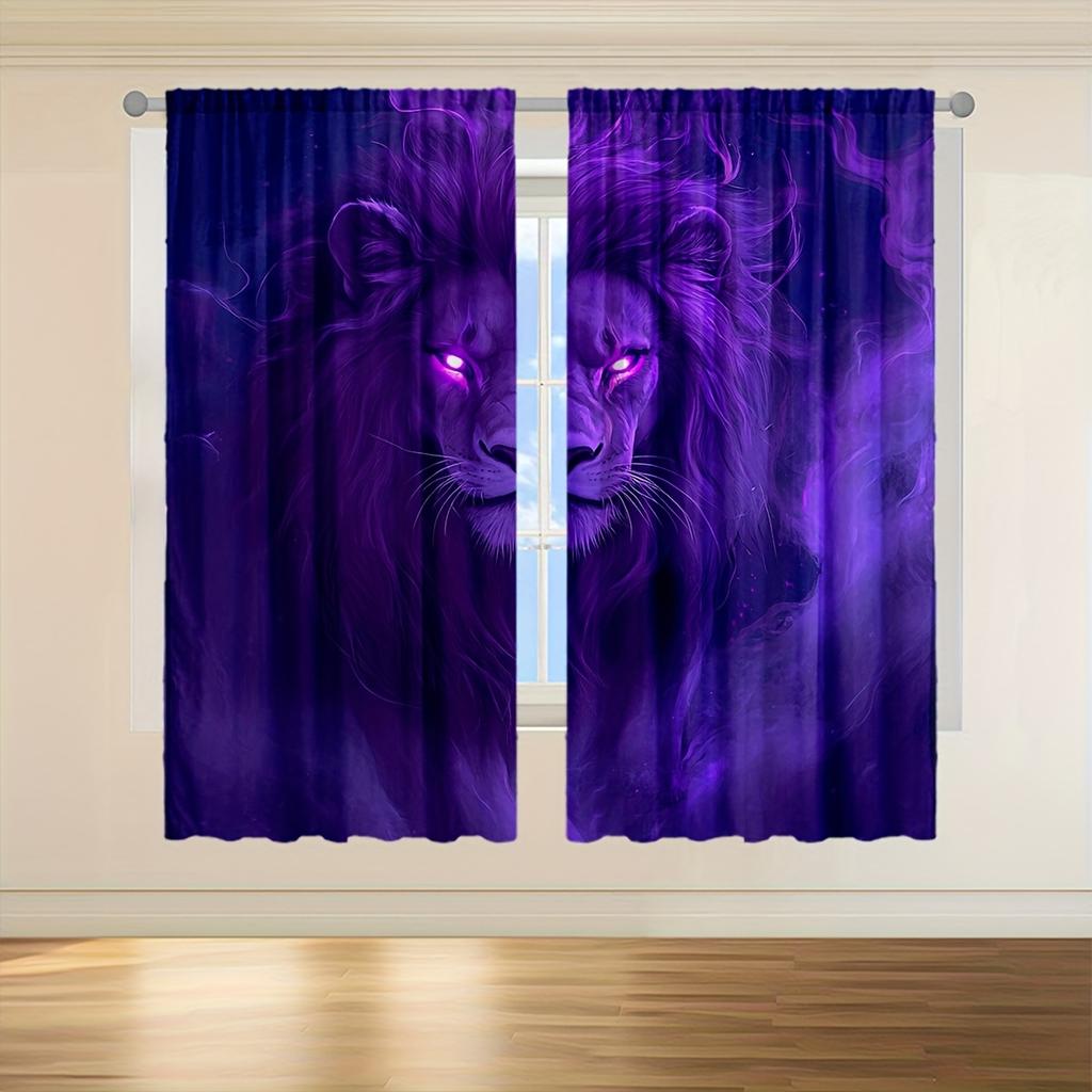 Set Of 2 Curtains Featuring Dark Purple Lion Patterns Flowing Mist Glowing Eyes Showcasing Unique Fantasy Curtain Blackout Polyester