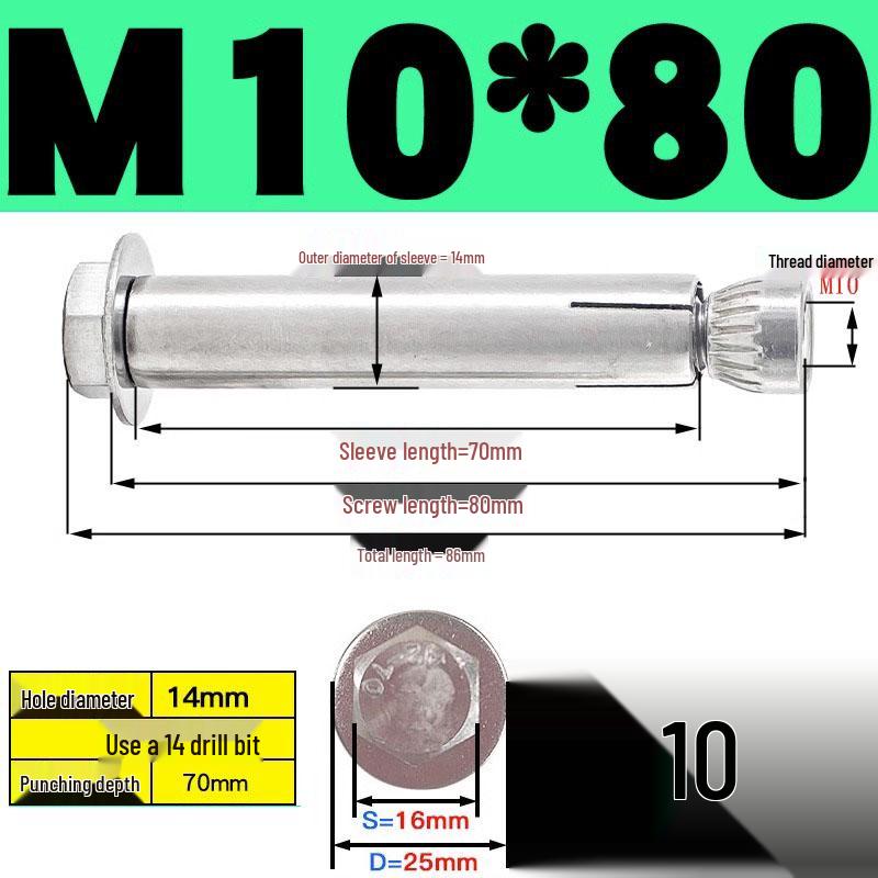 Stainless Steel Expansion Screw: Hexagonal Head with Internal Expansion (304/201), Sizes M6, M8, M10, M12.
