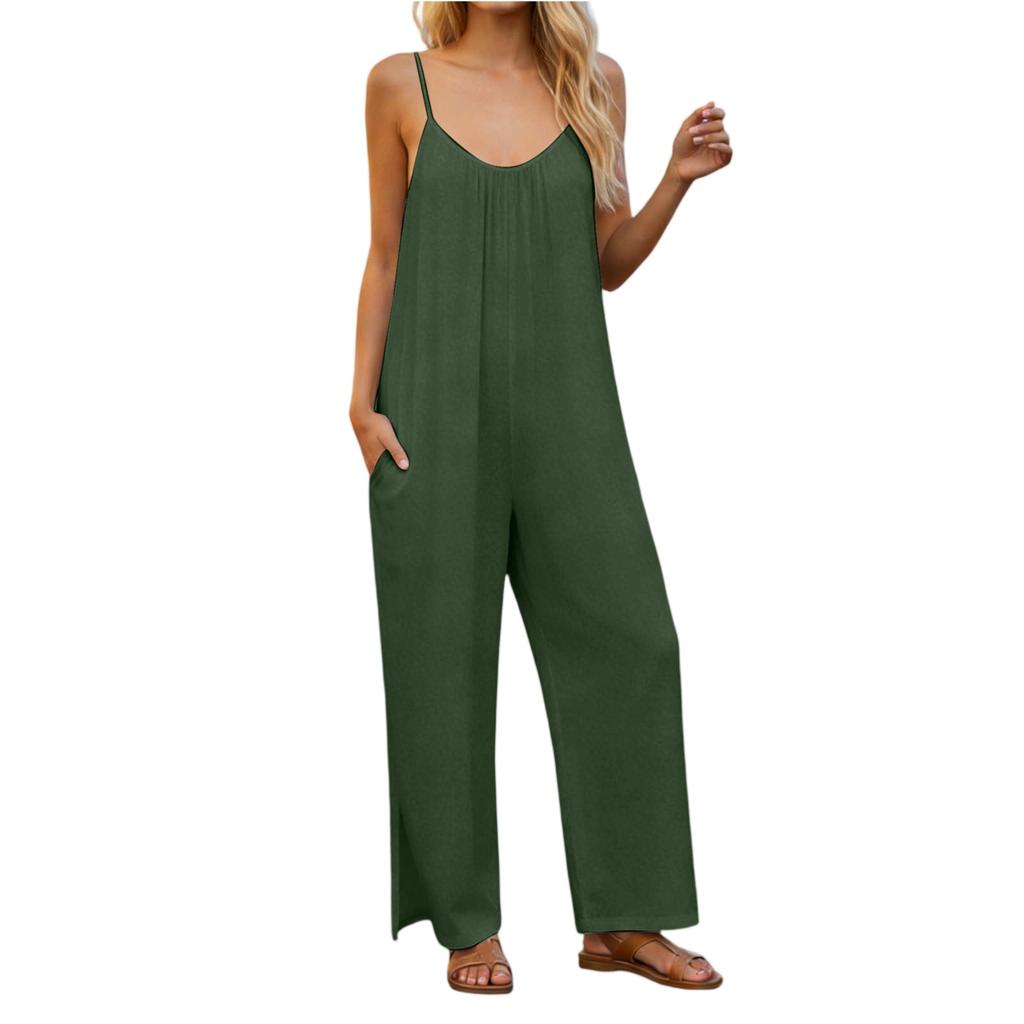 Women's  V-neck Waist Cinched Fashionable Jumpsuit Wide Leg Pants