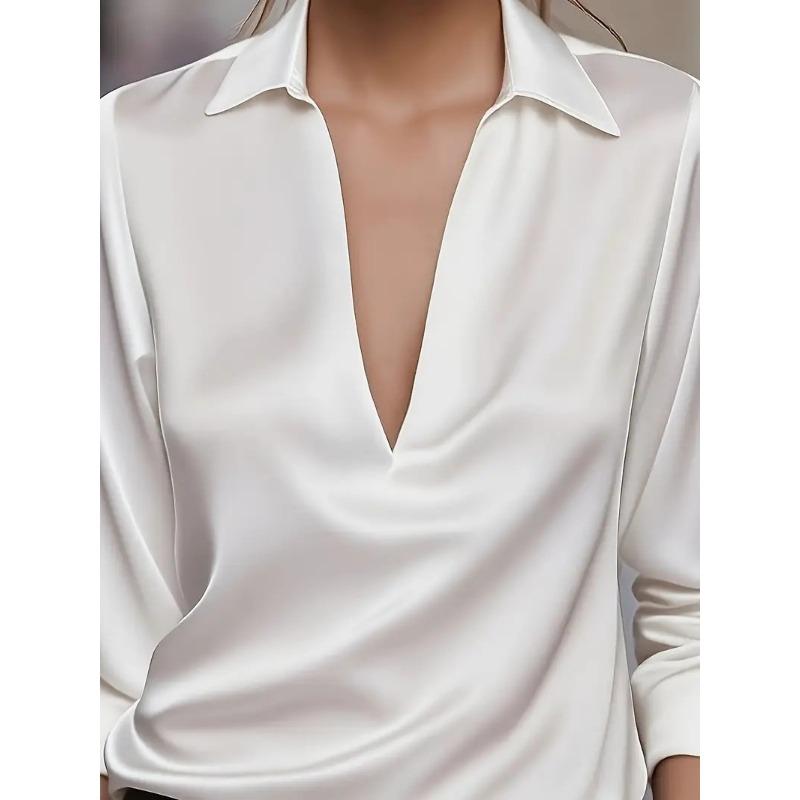Women Elegant Long Sleeve V Neck Satin Blouse For Office Commute