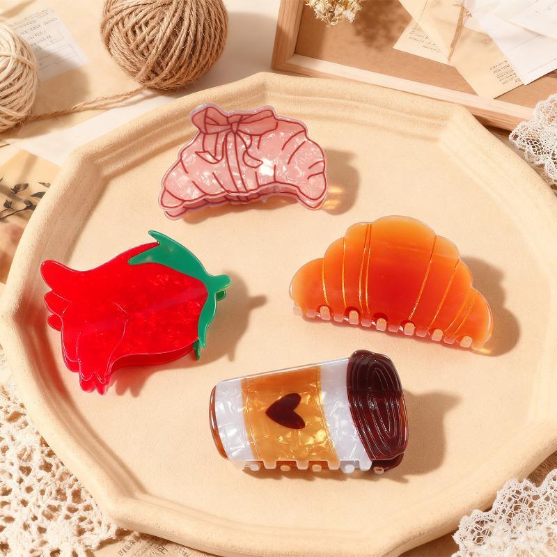 Retro Cartoon Coffee Croissant Rose Grab Clip Shark Clip At The Back Of The Head For Women Gift
