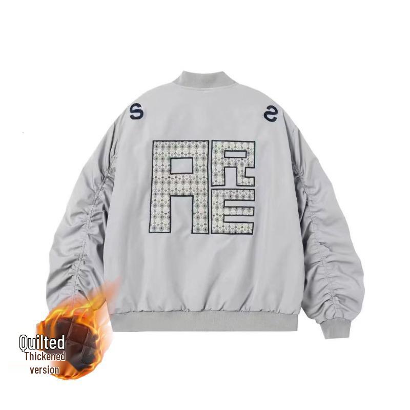 Unisex Winter Street Style Embroidered Bomber Jacket with Stand Collar