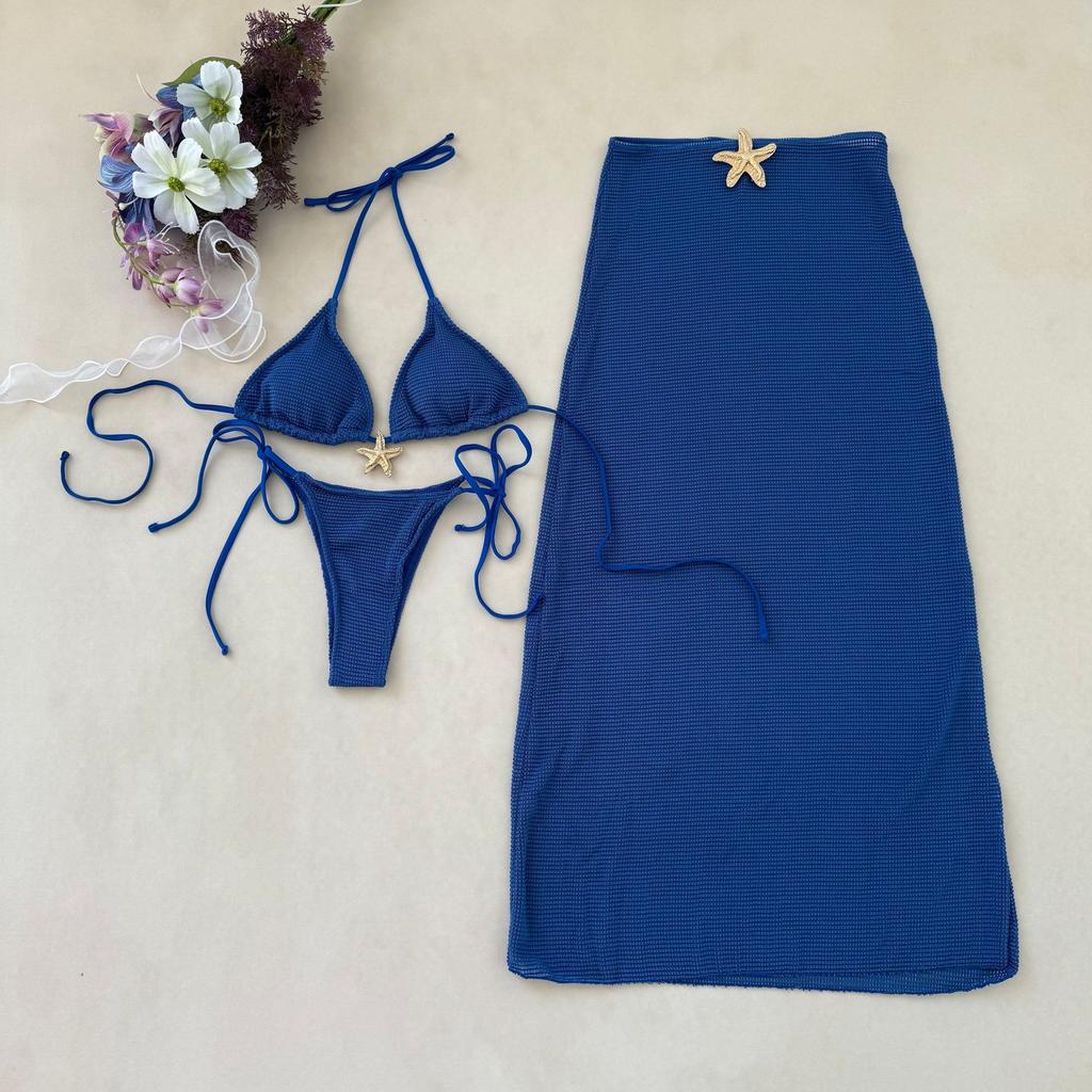2026 Solid Color Mesh Dress Starfish Swimsuit Swimsuit Three-piece Bikini