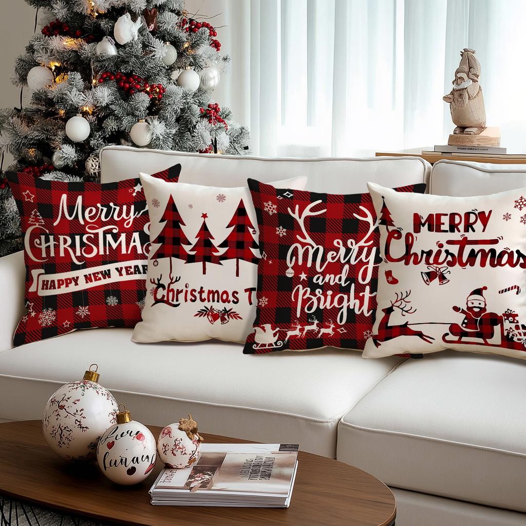 1/4Pcs Red Checkered Christmas Pillowcases, Christmas Tree Santa Claus Reindeer Design Cushion Covers, Christmas Decorations