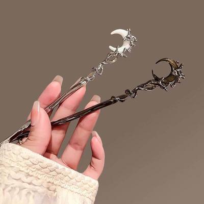 Nuevo Palillo para el Pelo de Luna de Cristal Negro para Mujer Vintage Metal Estilo Chino Forma de Palillos Pasador Tocado Accesorios para el Cabello