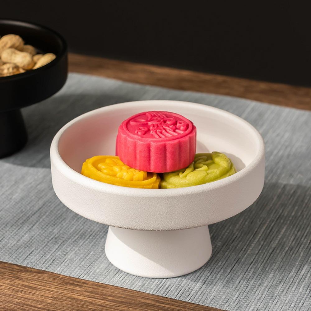 Elegant Chinese Style Ceramics High Footed Fruit Tray Vintage Solid Color Dessert Plate Matte Texture Snack Tray Pudding