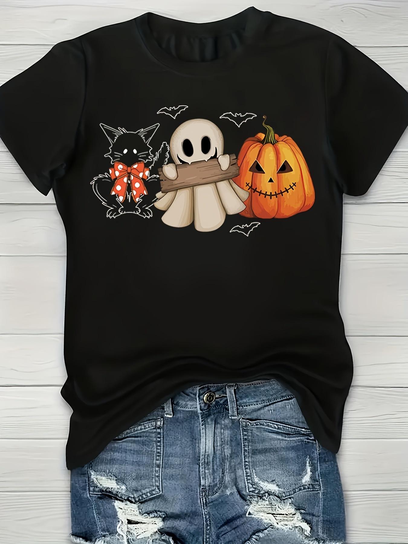 

Womens Halloween Black Cat Pumpkin Print TShirt Casual Short Sleeve Round Neck Tee with Spooky Bats Cobwebs Design S