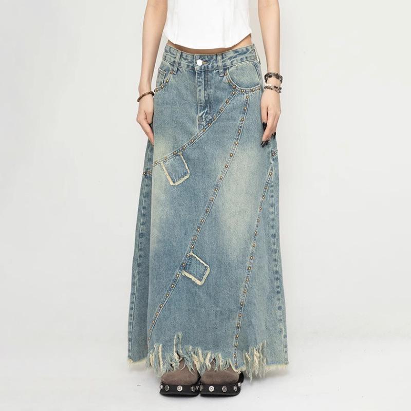 

Women s 2025 Spring High-Waist A-Line Frayed Denim Midi Skirt Large