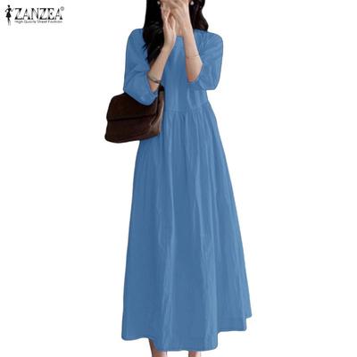 Women Square Collar Summer Casual 3/4 Sleeve Long Dress