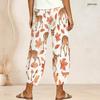 Women Plus Size Loose Fawn Maple Leaf Printed Cross Hem Cropped Pants