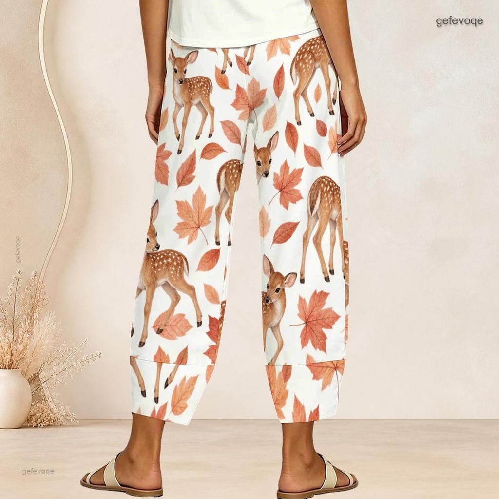 Women Plus Size Loose Fawn Maple Leaf Printed Cross Hem Cropped Pants