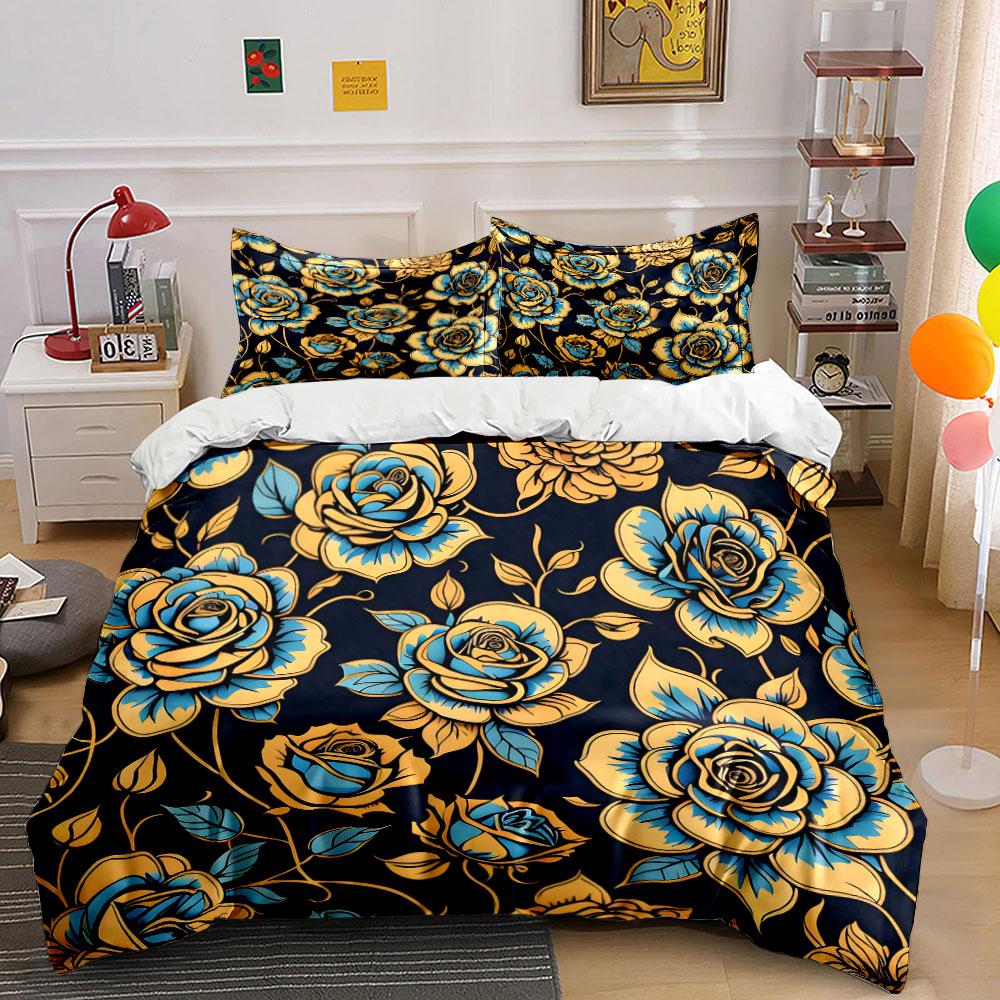 Golden Blooms In Twilight Bedding Sets Duvet Covers Pillowcases(1* Duvet Cover 2* Pillowcases Without Duvet Insert)
