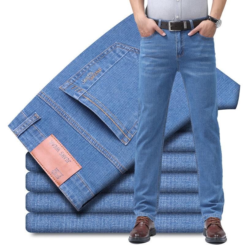 Jeans da Uomo Estivi Dritti Larghi Azzurro Chiaro Elasticizzati Pantaloni Lunghi Cento Pantaloni Nuova Tendenza Abbigliamento da Uomo