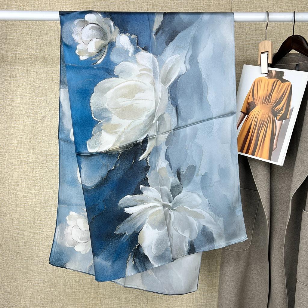 

Mysterious Blue Series! 12 Mmi Plain Crepe Satin Silk Scarf Women S Ink Three-Dimensional Style Mulberry Silk Scarf 53X170CM