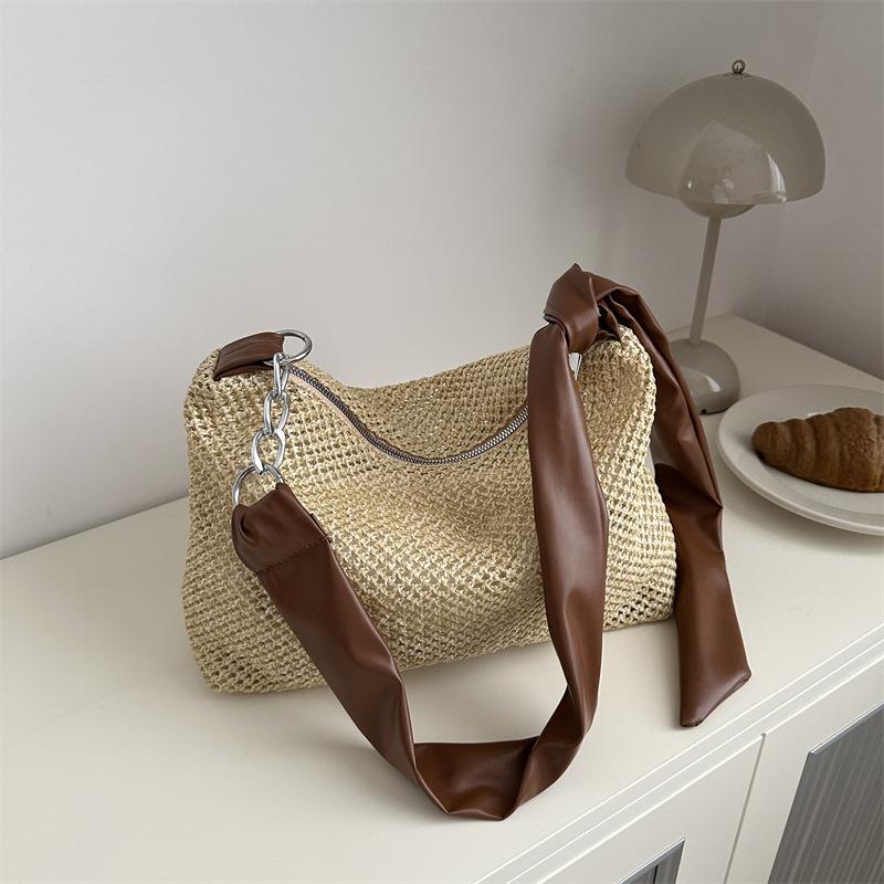 Hand-carrying Big Bag for Women New Texture Woven Underarm Bag Solid Color Simple Hollow One-shoulder Casual Tote Bag