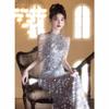 Silver neck sequined evening dress women's 1011 new high-end celebrity banquet fringed annual meeting host long dress