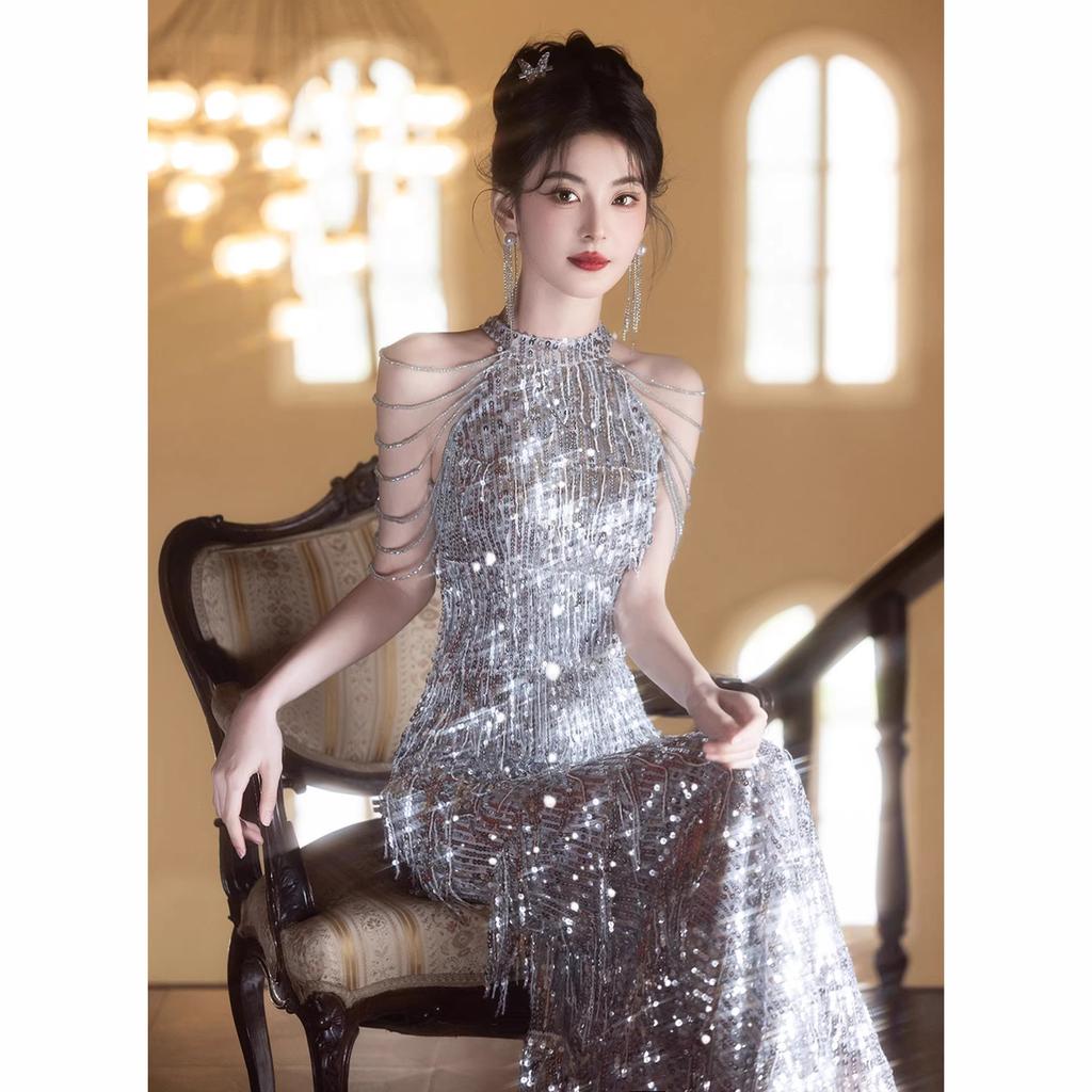 Silver neck sequined evening dress women's 1011 new high-end celebrity banquet fringed annual meeting host long dress