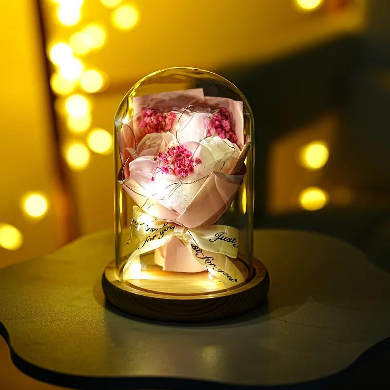 Real Dried Sunflower Bouquet with LED Light Real Eternal Roses Lamp Sunflower Glass Cover Graduation Valentine's Mother's Gift