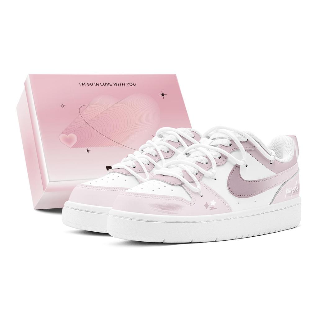 Nike Court Borough GS Couple's, Pink Love Starry, Comfortable Versatile, Fashion Individual Low top Skateboard Shoes BQ5448-100(TeamS2-S-BOX)