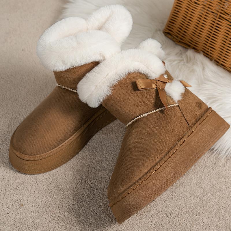 Bowtie Faux Suede Ankle Boots Women Warm Fur Thicken Plush Cotton Padded Snow Boots Thick Sole Chunky Platform Casual Shoes