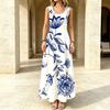 Summer Blue & White Porcelain Style Long Dress Sleeveless,Loose Lightweight,Vintage Elegant,Versatile for Daily Casual Gatherings