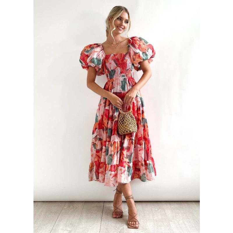 Summer New Bubble Sleeve Holiday Skinny Long Dress Spice Girl High Waist Shoulder Printed Dress Women