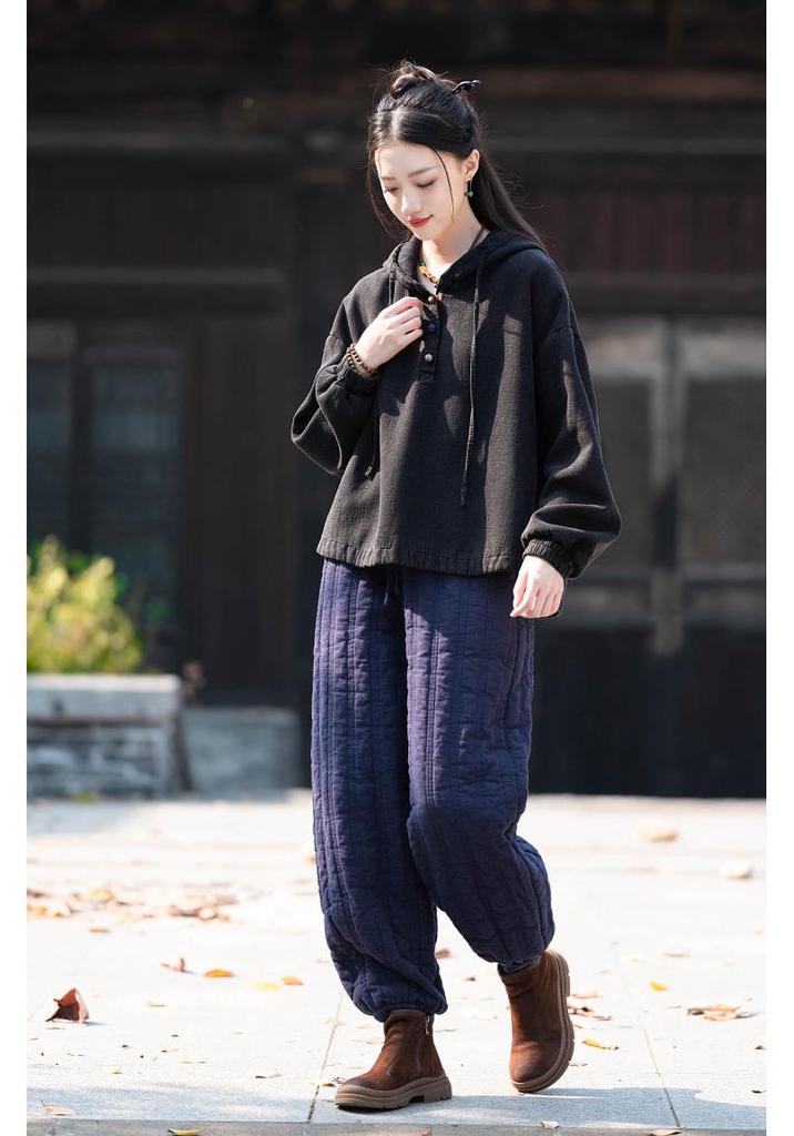 Women's Winter Heavy Industry Insulated Plus Velvet Hooded Button-Up Cotton Linen Pullover