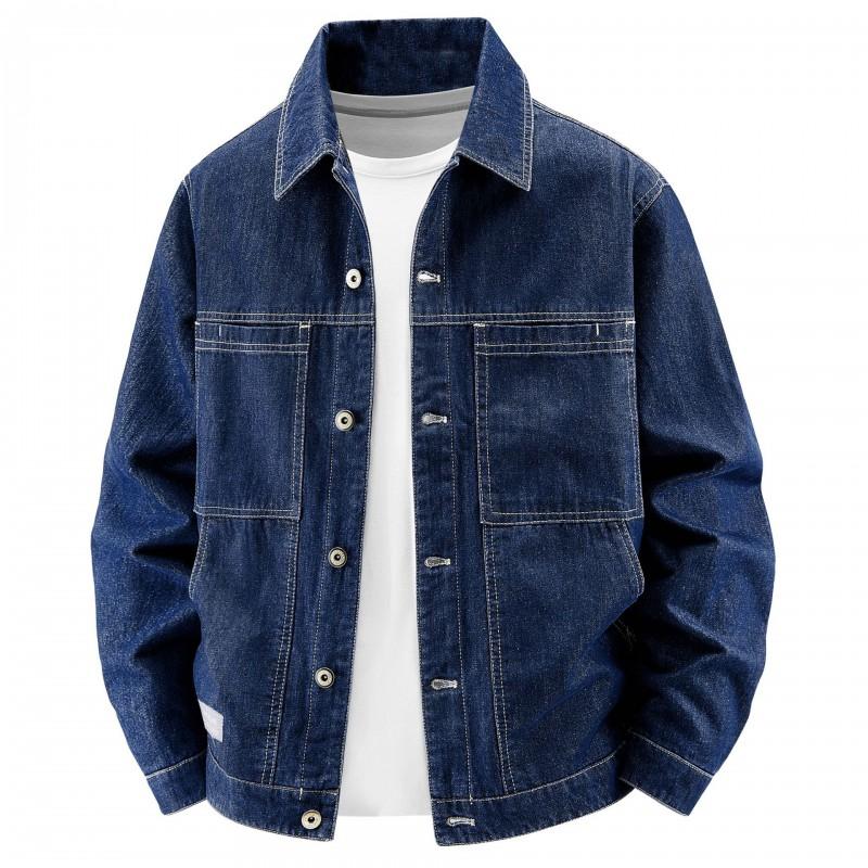 Mens Oversized Denim Jacket Fall Casual Outerwear With Turn-Down Collar Multiple Pockets
