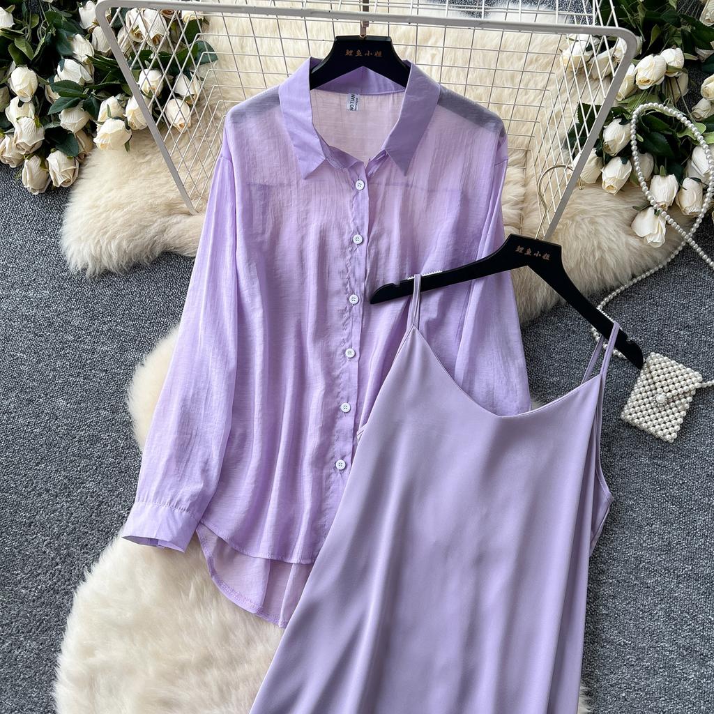 Temperamentsfullt todelt sett for kvinner, nisje lat yttertøy med tynn, løstsittende langermet solskjortejakke + selerkjole