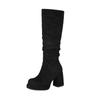 Stivali Alti da Donna in Camoscio con Tacco Chunky e Punta Tonda - Piattaforma Impermeabile Pieghettata Autunno/Inverno.