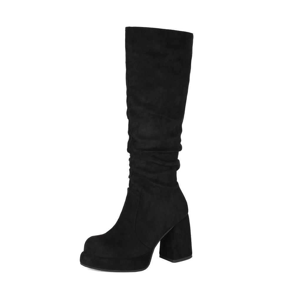 Stivali Alti da Donna in Camoscio con Tacco Chunky e Punta Tonda - Piattaforma Impermeabile Pieghettata Autunno/Inverno.