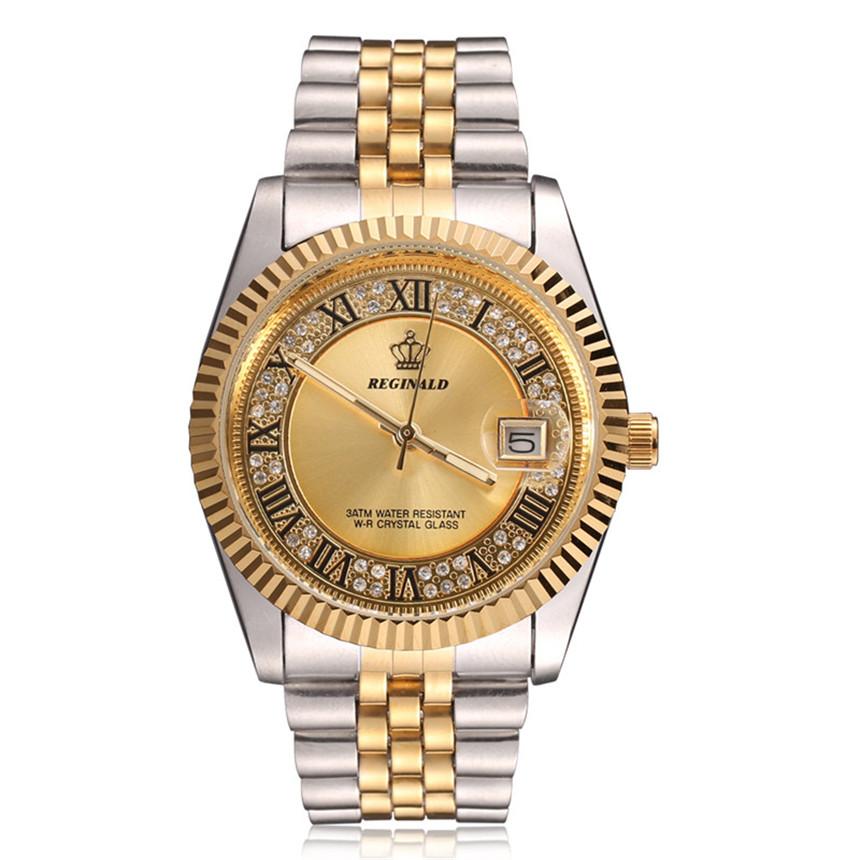 Original New REGINALD Quartz Watch Men 18k Yellow Gold Fluted Bezel Pearl Diamond Dial Full Stainless Steel Luminous Clock