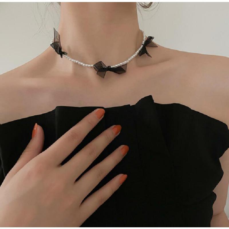Mesh Bow Pearl Necklace Women's Ins Wind Niche Design Clavicle Chain Neck Chain