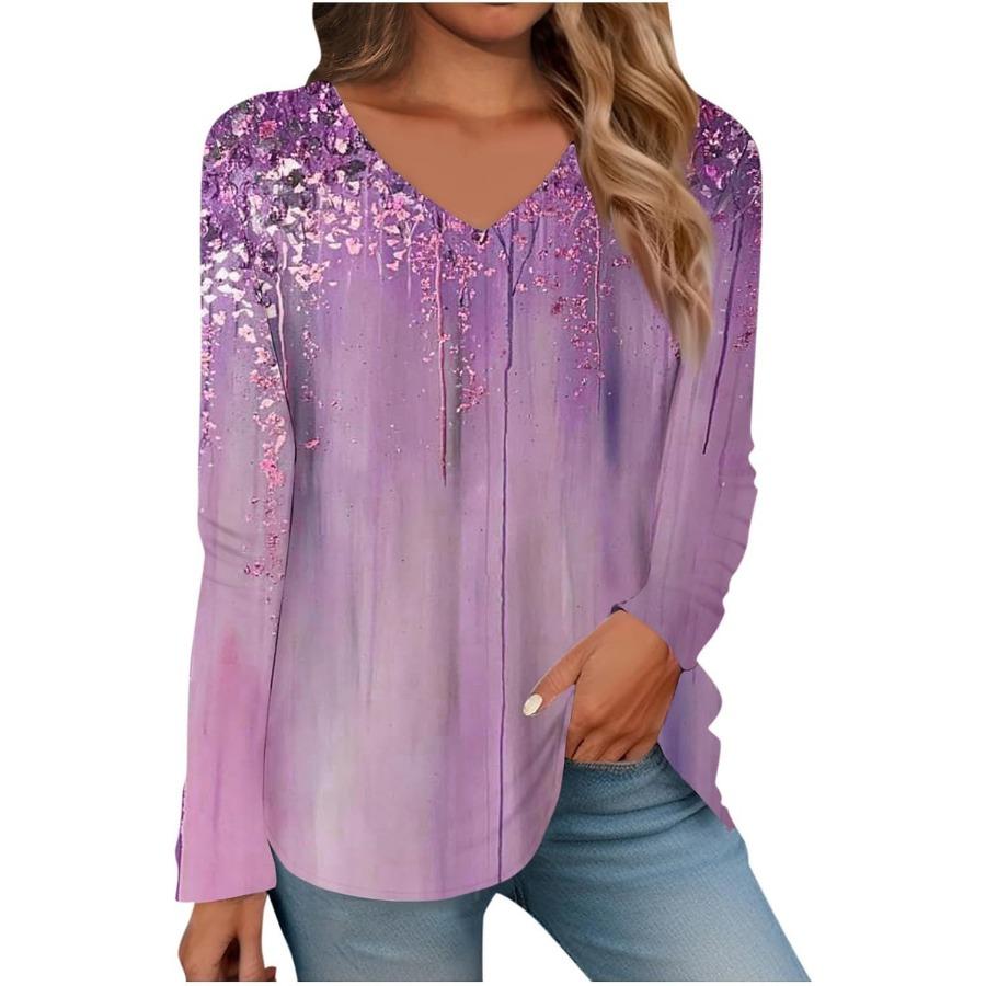 Women's Fashion V-neck Long Sleeved T-shirt Vintage 3d Printed Top