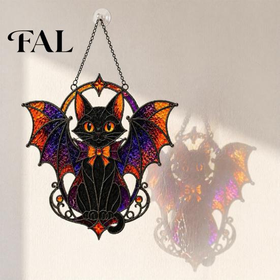 Spooky Farmhouse Party Supplies Halloween Bat Cat Suncatcher, Stained Glass Style Acrylic Sun Catcher, Gothic Dark Aesthetic Room Decor Black Hanging