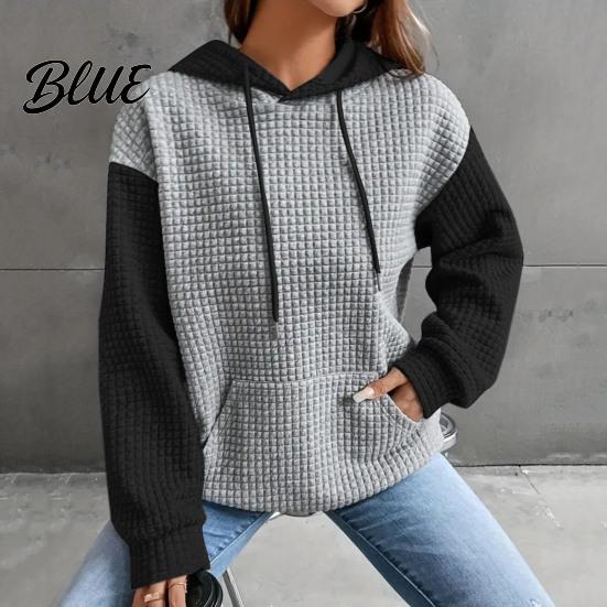 Drawstring Hooded Sweatshirt Fall Winter Women Hoodie Color Matching Waffle Texture Long Sport Top Sleeveless Big
