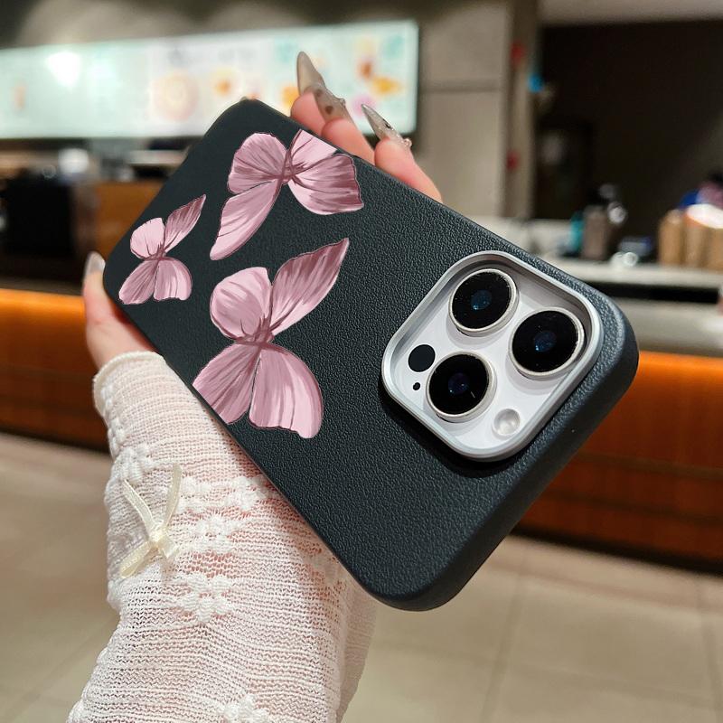 Pink Butterfly Pattern Leather Texture Slim Soft Phone Case For iPhone 16 Pro Max 15 14 Pro 13 12 11 TPU Matte Lens Protection Shockproof Bumper Cover