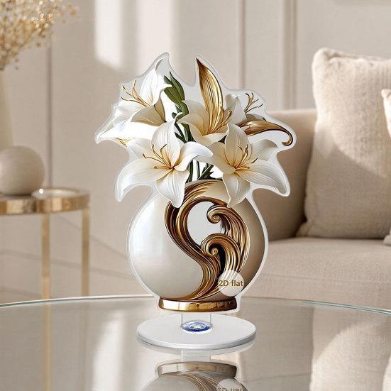 2D Flat Flower Ornament, 360-Degree Rotating Vase Acrylic Ornament with Base, Flower Vase Tabletop Decoration for Home Desk Shelf Decor