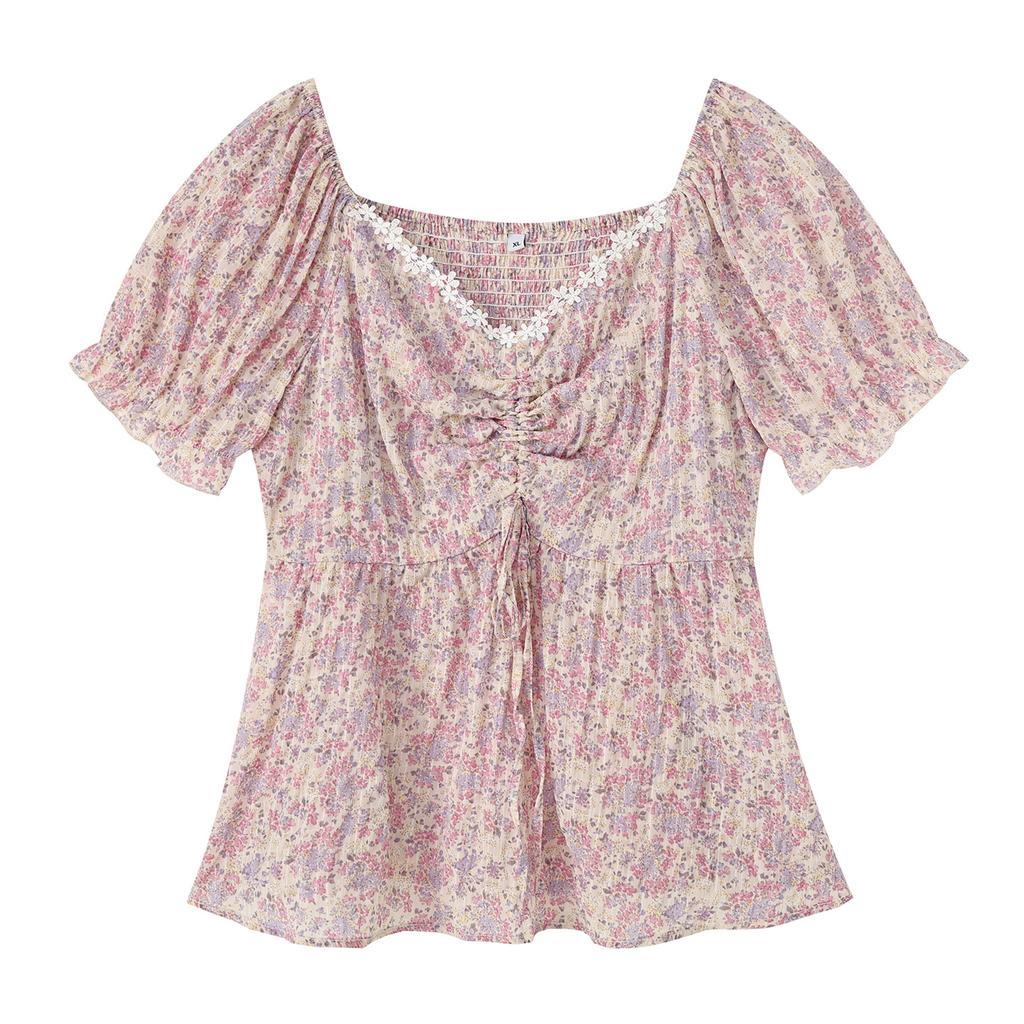 Large Size Women's French Sweet Short-sleeved Chiffon Shirt 2026 Summer Fashion Foreign Style Waist Top 254723